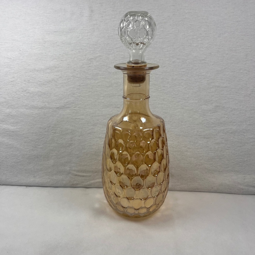 Vintage Amber Glass Decanter Bubble Hobnail Genie Bottle Mid Century Barware